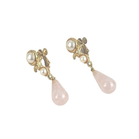 Vintage Napier Clip-On Earrings With Pink Teardrop Gemstones & Faux Pearls - Picture 2 of 7